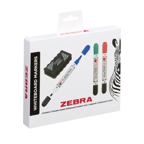 Zebra Double Ended Whiteboard Marker Assorted (Pack 3) with Magnetic Eraser - 2719 Drywipe Markers 37227ZB