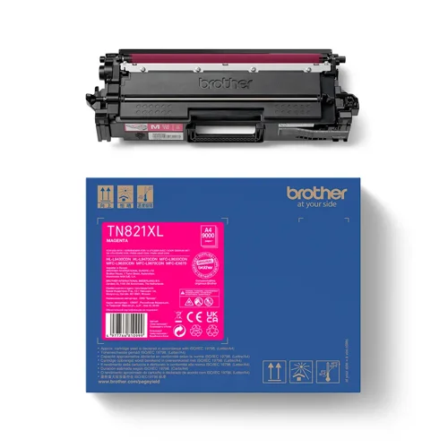 BRTN821XLM | This genuine replacement TN821XLM magenta high yield toner cartridge, is design to produce crisp clear print outs, time and time again.   Compatible with a range of printers, our easy to install cartridges will help you produce long-lasting documents that won’t smudge or fade over time.  Brother consider the environmental impact at every stage of your toner cartridge life cycle, reducing waste at landfill. All our hardware and toner cartridges are built to have as little impact on the environment as possible. Genuine Brother TN821XLM Laser toner cartridge - worth it every time. 