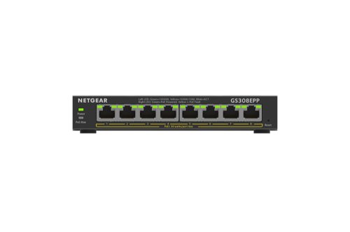 8NE10325066 | 300 Series SOHO Plus (GS308EPP) 8-Port Gigabit Ethernet PoE+ Plus Switch (123W) Easy to manage, fundamental network features at an affordable cost for SMBs. GS308EPP offers 123W total power budget to power devices PoE devices such as VoIP phones, IP cameras, wireless access points, etc. Gigabit Ethernet 8 ports provide up to 1000 Mbps of dedicated, non-blocking bandwidth each. PoE+ Support 8 PoE+ ports provide a total of 123W of power so you can power and connect your devices with a single wire. Advanced PoE Controls Manage PoE prioritization, PoE power limit per port, and more for simple control over all PoE-powered devices. Non-Blocking Switching 10Gbps (10/100/1000 Mbps) line rate fabric ensures congestion-free connectivity to your devices. Fanless Design Silent operation makes this switch perfect for noise-sensitive environments. Versatile Mounting Options Install your switch on your desktop, or mount it to your wall or rack with the hardware provided in the box.