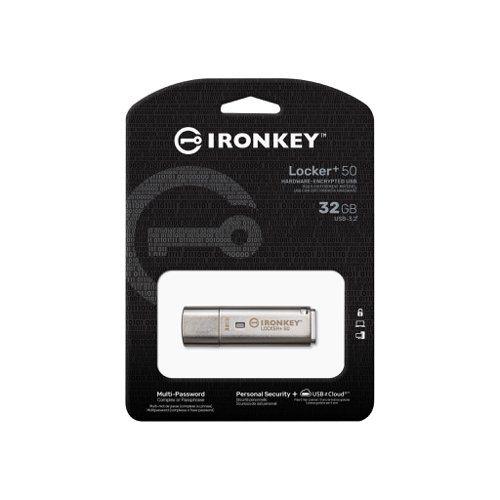 Kingston IronKey Locker 50 USB Flash drive provides consumer-grade security with AES hardware-encryption in XTS mode, including safeguards against BadUSB with digitally-signed firmware and Brute Force password attacks. LP50 is also TAA compliant.LP50 now supports multi-password Admin and User option with Complex or Passphrase modes. Complex mode allows for passwords from 6-16 characters using 3 out of 4 character sets. New passphrase mode allows for a numeric PIN, sentence, list of words, or even lyrics from 10 to 64 characters long. Admin can enable a User password, or reset the User password to restore access to data. To aid in password entry, the eye symbol can be enabled to reveal the typed in password, reducing typos leading to failed login attempts. Brute Force attack protection locks out the User upon 10 invalid password entries in a row and crypto-erases the drive if the Admin password is entered incorrectly 10 times in a row. Additionally, a built-in virtual keyboard shields passwords from keyloggers or screenloggers.Locker 50 is designed for convenience with a small metal casing and built-in key loop to take data anywhere. LP50 also features optional USBtoCloud by ClevX backup to access data on the drive from your personal cloud storage through Google Drive, OneDrive Microsoft, Amazon Cloud Drive, Dropbox or Box. LP50 is easy for anyone to setup and use, with no application installation required; all the software and security needed is already on the drive. Works on both Windows and macOS so users can access files from multiple systems.