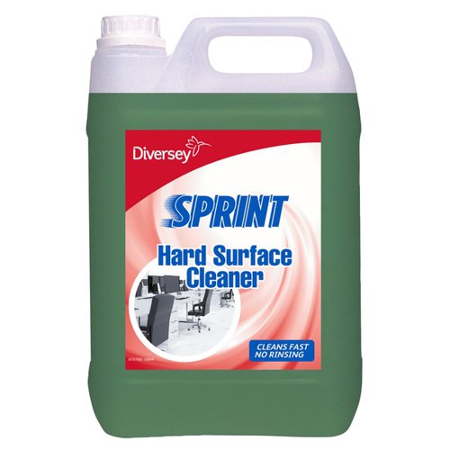 41731CP | This Diversey Sprint hard surface cleaner is the ideal product to clean unpolished floors and large hard surfaces. It removes even the toughest dirt and grime rapidly and rinses away easily. It leaves behind a pleasant and fresh fragrance and is fast drying for convenience.