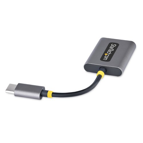 8STUSBCAUDIOSPLIT | This USB Type-C Headphone Splitter enables two 3.5mm audio connections. The 3.5mm ports accept 4-pole 3.5mm TRRS connectors and support simultaneous stereo audio output and headset/microphone input. The adapter also features an integrated 2.75in (7cm) USB-C cable.