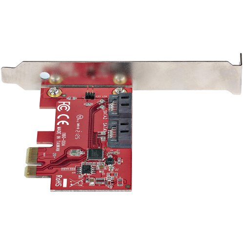 8ST10357294 | This 2-port SATA III (6Gbps) controller enables you to add two SATA 6Gbps Hard Drives (HDDs) or Solid State Drives (SSDs) to your computer system or server via an available PCIe x1 card slot. The card supports SATA III and PCI-Express 2.0 Specifications.ASM1061 to Deliver 2-Port SATA 6Gbps PerformanceFeaturing the ASM1061 controller, this SATA card enables the connection of two high-performance SATA 6Gbps drives with a combined total throughput of up to 4Gbps. The SATA drives are connected via two individual SATA ports located on the card (SATA cables sold separately).Wide CompatibilityThe controller card is widely supported across all popular operating system platforms including Windows (7, 8, 10, 11), macOS (10.6.8 and above) and Linux (2.6.32 and above). The card also supports port multiplier, giving you the ability to connect multiple drives to a single SATA port (additional hardware required, sold separately).To further improve motherboard compatibility the card does not have a built-in RAID controller, but fully supports the use of software RAID. Plus, with support for PCIe 2.0 and SATA III Specifications this card ensures backward compatibility with previous generations (SATA I/II, PCIe 1) at lower performance.Hassle-Free InstallationThe SATA controller card features plug-and-play installation and can be installed in a full-profile or low-profile computer systems with the full-profile bracket preinstalled, and an interchangeable low-profile (half-height) bracket included. The card also supports storage software data management systems such as Storage Spaces (Microsoft), RAID Assistant (MacOS) and mdraid/mdadm (Linux), for hassle-free setup, partitioning and software RAID array building.2P6G-PCIE-SATA-CARD is backed by a StarTech.com lifetime warranty and free lifetime 24/5 North American based, multi-lingual support.