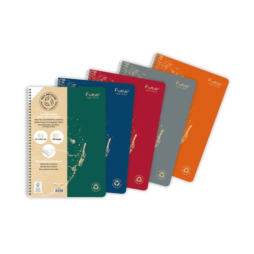 Clairefontaine Forever Recycled A4 Wirebound Notebooks 120 Pages 90gsm Feint Ruled Paper Assorted Colours (Pack 5) - 68406C Exacompta