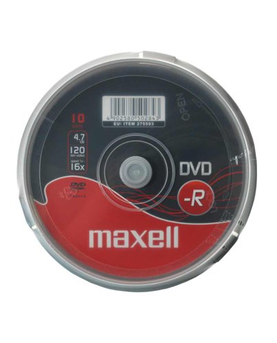 MAX275593 | DVD-R 47 10 Pack Spindle Maxell DVD-R discs are ideal for recording data, text, video, photographs and much more. The write-once DVD ensures stored data cannot be altered and is perfect for archiving files of importance. They feature a recording capacity of up to 4.7GB, 120 minutes of video and have a recording speed of up to 16x compatibility. These single sided discs are durable and well protected against sunlight exposure. Suitable for most DVD players and DVD-ROM drives and recorders that are -R compatible.