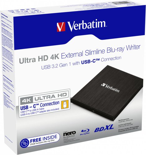 VER043888 | Optical Discs are fast becoming the most reliable media to archive your data on. Unfortunately more and more notebook vendors choose to leave the optical drive out of their notebooks in favour of slim designs. Verbatim has the solution with the 4K Ultra HD Blu-ray writer. Use it to create a back-up of all the important files that you don't want to lose, family pictures, videos, accounting documents etc.Watch your 4K Ultra HD Blu-ray discs on this External Blu-ray player. As it is barely larger than a Blu-ray disc itself and USB powered, requiring no additional power adapter then you can carry it with you on your travels.The 4K Ultra HD Slimline External Blu-ray Writer is compatible with a wide range of optical discs. From the 100GB BDXL right down to a simple 700MB CD! The bundled award-winning Nero Burn and Archive software which includes numerous special features including DiscSpan, MediaHome and SecureDisc Technology to help you successfully organise, burn and archive your important files. Various streaming options, including the Nero Streaming Player App, allow you to show your movies, photos, slideshows and other media on various devices such as smartphone, tablets and smart TVs. You can even add password protection for added security and an electronic signature so that everyone knows you own the copyright.Burn a standard DVD at 8x speeds, a single layer and double layer Blu-ray disc at 6x and a BDXL disc at 4x. The 4K Ultra HD Blu-ray Writer supports buffer underrun protection, preventing problems during the recording process.The Blu-ray writer has also been designed to save precious energy. It supports Zero Power ODD (Optical Disc Drive) which reduces the power consumption of the optical drive to zero in the operating system to save energy when the drive is not in use.