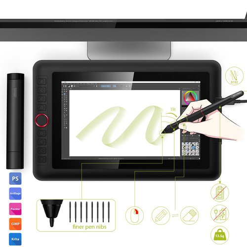 XPARTIST12PRO | Features a super-portable screen with an 11.6-inch display area and a convenient 3-in-1 cable design. There's no need to use any adapter and it quickly connects to your computer. Start sketching, doodling, and drawing directly on Artist 12 Pro and begin your creative journey.The Artist 12 Pro includes a sleek Red Dial interface to make your workflow as smooth as possible. The dial fits comfortably in your hand and can be programmed for more customization options. Compared to the Artist 12's slim touch bar, it's easier to control accurately and with more freedom with the 12 Pro's dial wheel, letting you capture and express your ideas faster and more easily.Adopting fully-laminated technology, the Artist 12 Pro seamlessly combines the glass and screen to create a distraction-free working environment. With virtually no parallax, your cursor appears exactly where you want it, offering a real paper-like feel while drawing on this 11.6 inch fully-laminated IPS Display with a 178-degree viewing angle and 1920*1080 high resolution.Compared to the Artist 12, the Artist 12 Pro features 8 fully customizable shortcut keys and puts more customization options at your fingertips!With up to 8,192 levels of pressure sensitivity, it provides you with increased accuracy and enhanced performance to create the finest sketches and lines, even down to the nuance of different hairs.Simultaneous digital inking with an XPPen graphics tablet compatible with Microsoft Office apps like Word, PowerPoint, OneNote and more. Visually present your handwritten notes and signatures precisely – ideal for your web conferencing or online teaching needs.