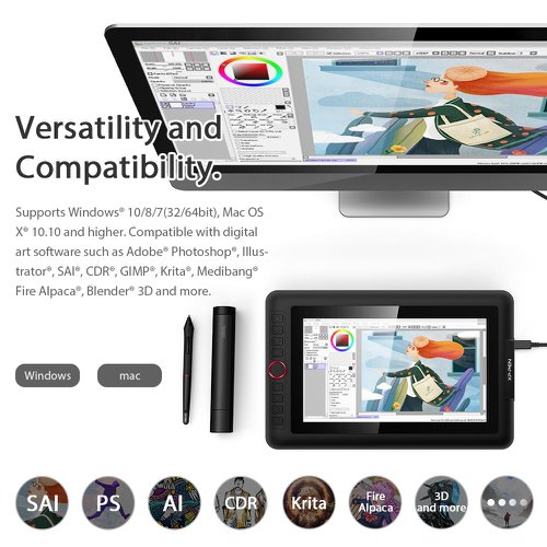 XPARTIST12PRO | Features a super-portable screen with an 11.6-inch display area and a convenient 3-in-1 cable design. There's no need to use any adapter and it quickly connects to your computer. Start sketching, doodling, and drawing directly on Artist 12 Pro and begin your creative journey.The Artist 12 Pro includes a sleek Red Dial interface to make your workflow as smooth as possible. The dial fits comfortably in your hand and can be programmed for more customization options. Compared to the Artist 12's slim touch bar, it's easier to control accurately and with more freedom with the 12 Pro's dial wheel, letting you capture and express your ideas faster and more easily.Adopting fully-laminated technology, the Artist 12 Pro seamlessly combines the glass and screen to create a distraction-free working environment. With virtually no parallax, your cursor appears exactly where you want it, offering a real paper-like feel while drawing on this 11.6 inch fully-laminated IPS Display with a 178-degree viewing angle and 1920*1080 high resolution.Compared to the Artist 12, the Artist 12 Pro features 8 fully customizable shortcut keys and puts more customization options at your fingertips!With up to 8,192 levels of pressure sensitivity, it provides you with increased accuracy and enhanced performance to create the finest sketches and lines, even down to the nuance of different hairs.Simultaneous digital inking with an XPPen graphics tablet compatible with Microsoft Office apps like Word, PowerPoint, OneNote and more. Visually present your handwritten notes and signatures precisely – ideal for your web conferencing or online teaching needs.