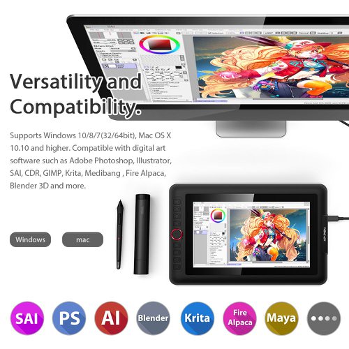 XPARTIST13.3 | A super-portable screen with a 13.3-inch display area and featuring a convenient 3-in-1 cable design. There’s no need to use any adapter and it quickly connects to your computer. Easily place it on your tabletop or anywhere to simplify your work space and power your creativity.The creative Red Dial interface combines 8 fully customizable shortcut keys, crafted to make your creative workflow as smooth as possible. The red dial fits comfortably in your hand and, together with the shortcut keys, can be programmed for more customization options. Even when switching between software, there’s no need to reset the functions of the shortcut keys and the dial, helping you capture and express your ideas faster and more easily.he XPPen Artist 13.3 Pro supports up to 60 degrees of tilt function, so now you don't need to adjust the brush direction in the software again and again. Simply tilt to add shading to your creation and enjoy smoother and more natural transitions between lines and strokes.Adopting fully-laminated technology, the Artist 13.3 Pro seamlessly combines the glass and screen, to create a distraction-free working environment. The 13.3 inch fully-laminated FHD Display pairs a superb colour accuracy of 88% NTSC (Adobe® RGB?91%?sRGB?123%) with a 178-degree viewing angle and delivers rich colours, vivid images, and dazzling details in a wider view. Your creative world is now as powerful as it is colourful.With up to 8,192 levels of pressure sensitivity, it provides you with increased accuracy and enhanced performance to create the finest sketches and lines, even presenting the nuance of different hairs. Draw and paint naturally and smoothly with our battery-free stylus.The XPPen Artist 13.3 Pro comes with a replaceable anti-glare optical film, featuring high transparency and scratch resistance that reduces glare while keeping your screen crisp and clear even in bright light.The Artist 13.3 Pro comes with a 13.3 inch display screen, which is the closest size proportion to your daily-use laptop, so you can take this familiar partner anywhere easily in your creative journey. Create directly onto its fully-laminated FHD display, ideal for drawing, animation, photography, fashion, architecture design, and much more. With the Artist 13.3 Pro, your creativity will always be one step ahead!