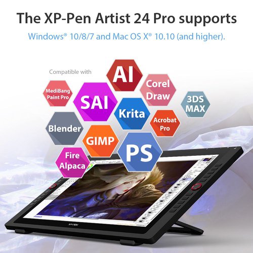 XPARTIST24PRO | The Artist Display 24 Pro is the very first 23.8-inch 2K QHD graphics display. With double the resolution of FHD displays and unprecedented vibrancy, the Artist 24 Pro offers a creative experience that exceeds all limits.2K QHD is a type of display resolution. A screen's resolution is the number of pixels it has in relation to its surface area—the more pixels, the sharper the image. A display is considered to have 2K resolution if it has 2,000 pixels. With 2560 X 1440 pixels, the Artist 24 Pro fulfils this criterion.Fuel your creativity with brilliant colour and blazing graphics as you draw, design and create on this strikingly large, immersive display.The Artist 24 Pro supports a USB-C to USB-C connection, allowing you to connect your iMac, Mac Book Pro or Windows computer without using an adapter.The XP-Pen Artist 24 Pro features two easy-to-control red dial wheels and 20 customizable shortcut keys. These are placed on both sides of the product, making them easily accessible for both left and right-handed users.The PA2 Battery-Free Stylus supports up to 60 degrees of tilt function and delivers superior line performance, creating the finest of sketches and lines.The Artist 24 Pro comes equipped with the USB Hub that can be used to connect devices such as your mouse. In addition, unlike most mechanical keys, the display’s touch-sensitive keys are specially designed to avoid sticking.