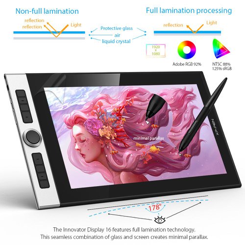XPINNOVATOR16 | With its industry-leading 9 mm profile and sleek black and silver design, the 15.6” Innovator Display 16 is perfect for drawing on the go.The Innovator Display 16 features both a mechanical and a virtual wheel, allowing you to zoom in/out of your canvas, adjust the brush size, and more with the two wheels.The Innovator Display 16 features full lamination technology. This seamless combination of glass and screen creates minimal parallax.With a screen colour gamut of 92% Adobe® RGB, the Innovator Display 16 delivers a diverse and vibrant spectrum of colours, allowing you to create vivid artwork enriched by lifelike hues and sharp details.The Innovator Display 16 features 8 shortcut keys that can be programmed to many different software programs, such as Adobe® Photoshop®, SAI®, and Maya®, helping you to realize your ideas and streamline your workflow.The Innovator Display 16 comes with a battery-free stylus that never needs charging, allowing for hours of uninterrupted drawing. The stylus supports up to 60 degrees of tilt action, helping you to create natural and seamless shading.The Innovator Display 16’s convenient three-in-one cable frees you from messy bundles of wire, helping to create a sleeker creative space and inspire creativity on the go.