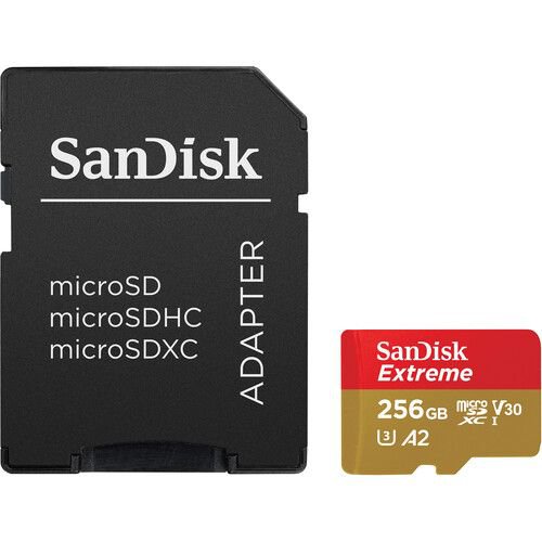SanDisk Extreme PLUS 256GB microSDXC UHS-I Memory Card SDSQXBD-256G-AN6MA. Includes microSDXC to SD adapter, 256GB storage capacity, Up to 190MB/s read speed. Write speed up to 130MB/s, Speed Class Rating 10.0, UHS-I SD Bus Mode, U3 UHS Speed Class, V30 Video Speed Class.