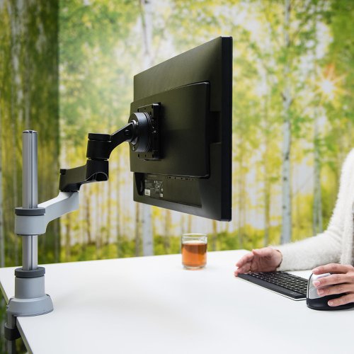RG49108 | The R-Go Zepher 4 C2 Single Monitor Arm uses patented SMART functions, such as a rotation stop for each moving part. This prevents the monitor arm from colliding with an (acoustic) wall. With the R-Go Zepher monitor arm you can place your monitor at eye level and tilt and rotate it as you please. You can easily expand the Zepher with a document holder, laptop holder, Smartbar or an extra arm because of its modular character. The monitor arm can be installed from above the desk, so you can work in an upright position even during installation. No tools are required for installation.