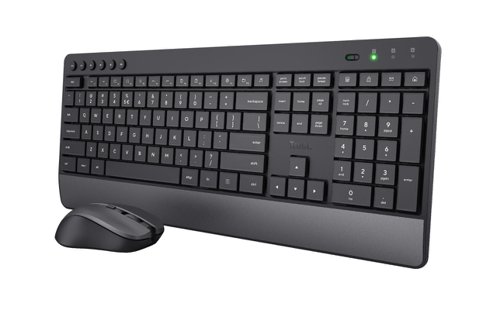 Comfortable wireless keyboard-and-mouse set with silent keys and buttons, made with recycled materials.