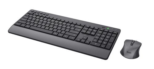 Comfortable wireless keyboard-and-mouse set with silent keys and buttons, made with recycled materials.