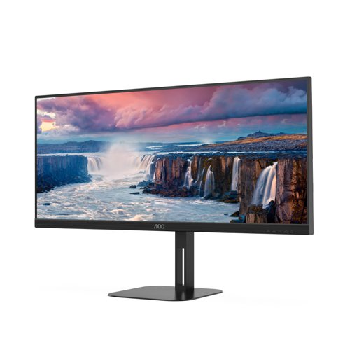8AOU34V5C | The AOC U34V5C is equipped with a 34'' VA panel with WQHD 21:9 resolution for an immersive viewing experience in a three-side frameless chassis that you can tilt and adjust the height as needed. Ready to boost your productivity with USB-C with Power Delivery up to 65W, 4 USB ports & HDMI, it also offers Picture by Picture MultiView for the most complex multitasking.