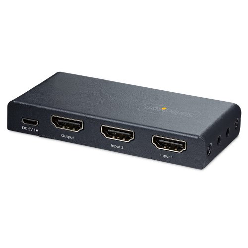 This 2-Port HDMI Video Switch enables two HDMI sources to connect to a single HDMI input on a display.8K 60Hz ResolutionThe HDMI Switcher supports resolutions of up to 8K 60Hz. In addition, it supports lower resolutions at higher refresh rates, such as 4K 144Hz, 4K 120Hz, and 1080p 240Hz.This Video Switch is HDMI 2.1 complaint and supports features such as Variable Refresh Rate (VRR), Auto Low-Latency Mode (ALLM), and Consumer Electronics Control (CEC). It is backwards compatible with HDMI 2.0 (and lower) devices.Automatic or Manual OperationThe 8K Video Switch features three options for selecting the source device. Automatic mode detects and selects the most recently activated source device or it will revert to the last active source device. Manual mode selects the desired port, using the push buttons, or with the included remote control (batteries not included). The remote control can enable or disable the automatic switching mode and it can disable the IR functionality.Flexible Installation OptionsUse the included USB wall charger and 2.5ft (78cm) USB Micro-B cable to power the unit. If a wall outlet is unavailable, the 8K Switch can be powered through a 5V 1A USB port as well.The included mounting kit and rubber feet enable versatile installation options. The metal housing enhances durability, making it suitable for installation and use in a variety of environments.This product is backed for 2-years by StarTech.com, including free 24/5 multi-lingual technical assistance.
