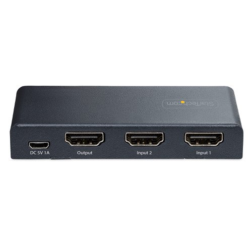8ST10377310 | This 2-Port HDMI Video Switch enables two HDMI sources to connect to a single HDMI input on a display.8K 60Hz ResolutionThe HDMI Switcher supports resolutions of up to 8K 60Hz. In addition, it supports lower resolutions at higher refresh rates, such as 4K 144Hz, 4K 120Hz, and 1080p 240Hz.This Video Switch is HDMI 2.1 complaint and supports features such as Variable Refresh Rate (VRR), Auto Low-Latency Mode (ALLM), and Consumer Electronics Control (CEC). It is backwards compatible with HDMI 2.0 (and lower) devices.Automatic or Manual OperationThe 8K Video Switch features three options for selecting the source device. Automatic mode detects and selects the most recently activated source device or it will revert to the last active source device. Manual mode selects the desired port, using the push buttons, or with the included remote control (batteries not included). The remote control can enable or disable the automatic switching mode and it can disable the IR functionality.Flexible Installation OptionsUse the included USB wall charger and 2.5ft (78cm) USB Micro-B cable to power the unit. If a wall outlet is unavailable, the 8K Switch can be powered through a 5V 1A USB port as well.The included mounting kit and rubber feet enable versatile installation options. The metal housing enhances durability, making it suitable for installation and use in a variety of environments.This product is backed for 2-years by StarTech.com, including free 24/5 multi-lingual technical assistance.