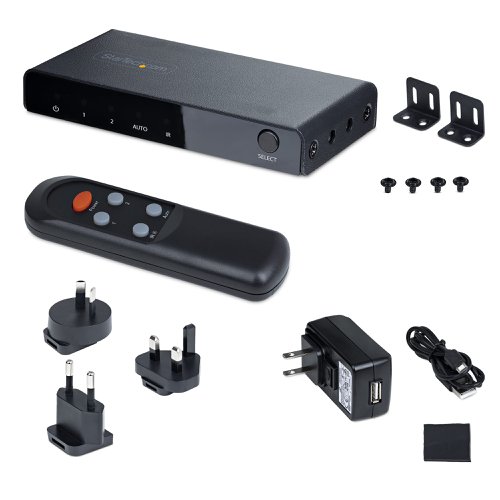 This 2-Port HDMI Video Switch enables two HDMI sources to connect to a single HDMI input on a display.8K 60Hz ResolutionThe HDMI Switcher supports resolutions of up to 8K 60Hz. In addition, it supports lower resolutions at higher refresh rates, such as 4K 144Hz, 4K 120Hz, and 1080p 240Hz.This Video Switch is HDMI 2.1 complaint and supports features such as Variable Refresh Rate (VRR), Auto Low-Latency Mode (ALLM), and Consumer Electronics Control (CEC). It is backwards compatible with HDMI 2.0 (and lower) devices.Automatic or Manual OperationThe 8K Video Switch features three options for selecting the source device. Automatic mode detects and selects the most recently activated source device or it will revert to the last active source device. Manual mode selects the desired port, using the push buttons, or with the included remote control (batteries not included). The remote control can enable or disable the automatic switching mode and it can disable the IR functionality.Flexible Installation OptionsUse the included USB wall charger and 2.5ft (78cm) USB Micro-B cable to power the unit. If a wall outlet is unavailable, the 8K Switch can be powered through a 5V 1A USB port as well.The included mounting kit and rubber feet enable versatile installation options. The metal housing enhances durability, making it suitable for installation and use in a variety of environments.This product is backed for 2-years by StarTech.com, including free 24/5 multi-lingual technical assistance.
