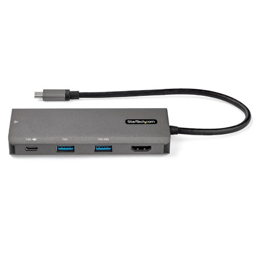 8ST10324119 | This USB-C multiport adapter with HDMI® turns your MacBook Pro, Dell XPS, or other USB-C™ laptops into a workstation, anywhere you go. The USB Type-C multiport adapter provides 4K HDMI video output, a USB Type-C™ port (data/power), two USB 3.2 Gen 2 Type-A (10Gbps) ports, and a Gigabit Ethernet port, all through one connection to your laptop's USB-C or Thunderbolt 3™ port. Plus, it offers advanced charging through USB Power Delivery 3.0 and an extra-long attached 10-inch (25 cm) host cable for an extended reach to offer more set up flexibility.