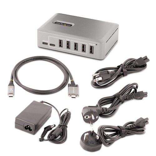Add ten USB 3.2 Gen 2 (10Gbps) ports (8x USB-A, 2x USB-C) to a USB-C computer using this 10-Port USB-C Hub. The USB Hub is self-powered with an included power adapter. The USB Hub features Overcurrent Protection (OCP). OCP aids in preventing peripherals from overdrawing power, avoiding USB device dropouts and computers from shutting down unexpectedly. Support for Wake On USB enables USB communications, from devices connected to the hub, to take the computer out of standby or other power saving/sleep modes.High Performance USB 3.2 Gen 2 (10Gbps) HubThe USB Hub shares 10Gbps of bandwidth from the USB host device, enabling high-speed data transfers for high-performance applications. The USB hub is backward compatible with previous USB versions, including USB 3.2 Gen 1 (5Gpbs), USB 2.0 (480Mbps), and USB 1.1 (12Mbps). It features eight USB-A ports and two USB-C ports. This combination of ports enables support for a wide range of modern and legacy USB devices, such as external storage devices (e.g., thumb drives, HDDs/SSDs), HD Cameras (e.g., webcams), mice, keyboards, and USB headsets.Power and Charge USB DevicesThe USB hub is self-powered, using the 65W power adapter. The hub features two USB BC 1.2 ports (1x USB-A, 1x USB-C), each providing 2.4A (12W) of power simultaneously, making it ideal to charge battery powered USB devices like smartphones, and tablets, while also providing a data connection. These ports will provide power with or without a host computer connected, with support for both CDP (Charging Downstream Port) & DCP (Dedicated Charging Port) applications. The hub features seven USB-A, and one USB-C port that each provide the USB 3.2 standard of 0.9A (4.5W) of power. The included power adapter ensures that all ports will always provide specified power regardless of how many devices are connected.USB-IF Certified Host CableA high-quality USB-IF certified USB-C host cable is included. The cable features a screw-locking, connector to ensure a secure and reliable connection to the USB hub. The Thermoplastic Elastomer (TPE) cable jacket is softer and more flexible than PVC jacketed cables.Plug-and-Play InstallationThe 10-Port USB Hub is OS independent supporting all operating systems, including Windows, macOS, ChromeOS, iPadOS and Android. Installation is automatic upon connection to a host computer.Mount the USB Hub to a wall, desk, or VESA mount, using StarTech.com hub mounts: SSPMSVESA or SSPMSUDWM.Enhance Productivity and Device Management with the StarTech.com Connectivity Tools ApplicationDeveloped to improve performance and security, StarTech.com Connectivity Tools is the only software suite on the market that is compatible with a wide variety of IT connectivity accessories. The applicable software for this product is the USB Event Monitoring Utility. Use this utility to track and log any connected USB devices.This product is backed for 2-years by StarTech.com, including free lifetime 24/5 multi-lingual technical assistance.