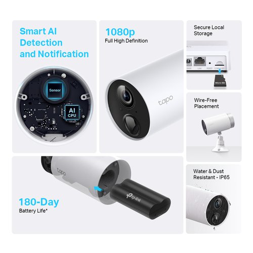8TPTAPOC400S2 | Smart wire-free security camera system with 2 cameras. Can be installed anywhere and has a long battery life.