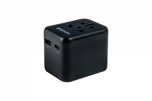 VER49544 | The Verbatim Universal Travel Adapter can be used in more than 180 countries – take it everywhere with you and never be out of power. This world-to-world multi plug will allow you to connect to any local power supply around the world and recharge your power-hungry devices, like laptops and camera batteries. The USB-C and USB-A ports on the bottom can charge all your USB devices including smartphones, Bluetooth speakers, tablets, power banks, and Kindles.The compact and powerful Universal Travel Adapter allows 3 devices to be charged simultaneously through the AC power socket and the USB-A and USB-C ports.The USB-C port supports 20W Power Delivery (PD) and the USB-A port delivers 18W Quick Charge 3.0 output, providing superfast charging for all your USB devices.Just push the sliders on the side of the multi plug to reveal the three most common international plugs - EU, UK, and US - and rotate the pins for sockets in Australia or China.Certified by CE, UKCA, FCC and ROHS, and made with high quality fireproof polycarbonate material, this Universal Adapter is perfect for daily use during your trip.It has safety shutters for child protection that can only be opened with force of more than 75N (7.5Kg) per hole, and its BS1362 compliant fuse (including a spare) gives you 100% peace of mind wherever you may go.