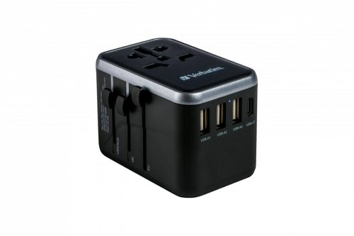 VER49546 | The Verbatim Universal Travel Adapter can be used in more than 180 countries – take it everywhere with you and never be out of power. This world-to-world multi plug will allow you to connect to any local power supply around the world and recharge your power-hungry devices, like laptops and camera batteries. The USB-C and USB-A ports on the bottom can charge all your USB devices including smartphones, Bluetooth speakers, tablets, power banks, and Kindles.The compact and powerful Universal Travel Adapter allows six devices to be charged simultaneously through the AC power socket and the two USB-A and three USB-C ports.With a high-power USB-C port that supports 61W Power Delivery (PD) and Quick Charge (QC) 3.0, it delivers superfast charging.Just push the sliders on the side of the multi plug to reveal the three most common international plugs - EU, UK, and US - and rotate the pins for sockets in Australia or China.Certified by CE, UKCA, FCC and ROHS, and made with high quality fireproof polycarbonate material, this Universal Adapter is perfect for daily use during your trip.It has safety shutters for child protection that can only be opened with force of more than 75N (7.5Kg) per hole, and its BS1362 compliant fuse (including a spare) gives you 100% peace of mind wherever you may go.
