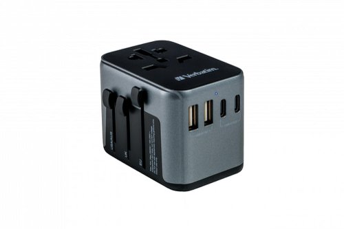 VER49545 | The Verbatim Universal Travel Adapter can be used in more than 180 countries – take it everywhere with you and never be out of power. This world-to-world multi plug will allow you to connect to any local power supply around the world and recharge your power-hungry devices, like laptops and camera batteries. The USB-C and USB-A ports on the bottom can charge all your USB devices including smartphones, Bluetooth speakers, tablets, power banks, and Kindles.The compact and powerful Universal Travel Adapter allows six devices to be charged simultaneously through the AC power socket and the two USB-A and three USB-C ports.With a USB-C port that supports 30W Power Delivery (PD) and Quick Charge (QC) 3.0, it delivers superfast charging for your devices.Just push the sliders on the side of the multi plug to reveal the three most common international plugs - EU, UK, and US - and rotate the pins for sockets in Australia or China.Certified by CE, UKCA, FCC and ROHS, and made with high quality fireproof polycarbonate material, this Universal Adapter is perfect for daily use during your trip.It has safety shutters for child protection that can only be opened with force of more than 75N (7.5Kg) per hole, and its BS1362 compliant fuse (including a spare) gives you 100% peace of mind wherever you may go.