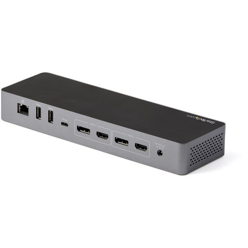 8SD10331416 | A high-performance Thunderbolt 3 Certified docking station with USB Type-C compatibility featuring dual monitor 4K 60Hz DSC support from either Dual or dual HDMI 2.0 video outputs, 96W Power Delivery (100W peak power), 5x USB 3.2 Hub with 2x BC 1.2 fast charging ports, gigabit Ethernet & headset ports.Flexible Dual Display OutputsThis universal docking station features both dual DisplayPort 1.4 (Single 8K30 on HBR3 host) and dual HDMI video outputs that can be configured in three different ways.More Downstream USB PortsFeaturing an integrated USB 3.2 hub, this docking station has 5 downstream USB ports.Easy to Set Up & ManageThis universal Thunderbolt 3 / USB-C Dock has an automatic driver setup and includes a longer 0.8 meter (2.6 ft) Thunderbolt 3 host cable, front-facing TB3/USB-C host port, front-facing LED indicator, mounting holes for the optional bracket, k-slot for security lock & MAC address changer utility.Enhance Productivity and Device Management with the StarTech.com Connectivity Tools ApplicationDeveloped to improve performance and security, StarTech.com Connectivity Tools is the only software suite on the market that works with a wide range of IT connectivity accessories.TB3CDK2DHUE is backed by a StarTech.com three-year warranty and free lifetime technical support.