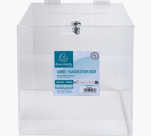 14900EX | The Exacompta lockable ballot box is ideal for competitions, raffles, elections or suggestions.Made from premium quality acrylic (PMMA) with very high transparency.The ballot box has a hinged and lockable lid.