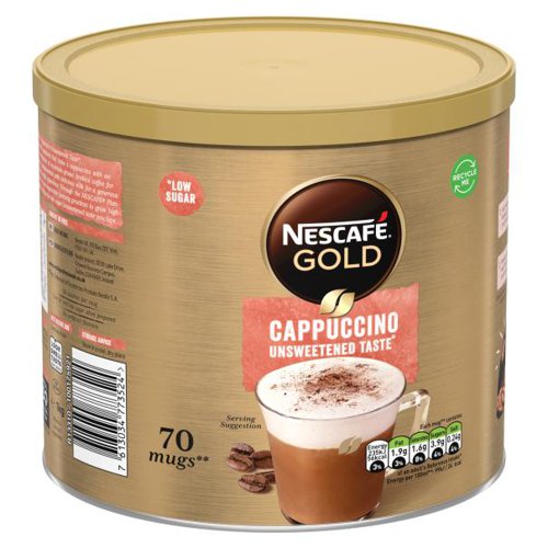 29051NE | Only quality coffee beans make their way into our NESCAF‰ GOLD Cappuccino Unsweetened Taste. Enjoy an expertly prepared cappuccino which is made from a blend of roasted coffee beans and fresh milk from British dairy farmers. Instant cappuccino is easy to prepare, whenever your customers fancy it.