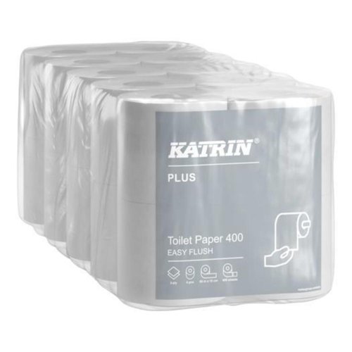 KZ08250 | Katrin Plus Toilet paper roll Easy Flush are strong high quality, soft, absorbent conventional toilet rolls. 2-ply white tissue, each roll has 400 sheets. Developed to be fast dissolving, ideal for vacuum toilet and closed drainage systems, water saving toilets or where blockages are common. Each pack contains 4 rolls, each roll has 400 sheets. Supplied as a pack of 20 rolls, packaged as 5 packs of 4 rolls.