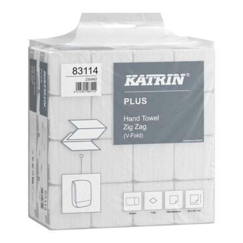 KZ08311 | These Katrin Plus V-fold (Zig Zag) hand towels have 1-ply thickness. Presenting one towel at a time. Suitable for low to medium traffic areas. Each sleeve contains 300 towels.