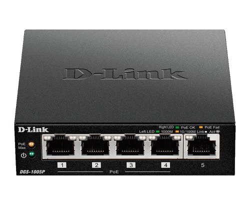 The D-Link DGS-1005P 5-Port Desktop Gigabit PoE+ Switch enables you to connect Power over Ethernet (PoE) devices such as wireless access points (APs), network video cameras and IP phones to the network. Built with home and small business users in mind, the DGS-1005P is compact and operates silently, making it ideal for most rooms and offices.