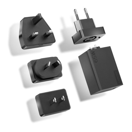 8LEN40AW0065 | Streamline your life with a 65w USB-C AC travel adapter. Changing the way you travel for business or pleasure, the Lenovo 65W USB-C AC Travel Adapter eliminates the need for multiple chargers. Power your USB-C devices any time with 4 interchangeable plugs (US, EU, AU, UK) for 100V - 240V outlets at hotels, cafes, or airports. When you’re done, just pack the compact adapter in the included pouch, and you’re ready to adventure.