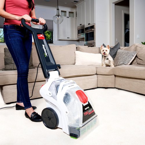 8RD1093171 | Don’t settle for surface only cleaning. Introducing Rug Doctor Pet TruDeep Cleaner™, a professional-grade machine, built for you to achieve a superior TruDeep clean™.With 30% more suction power*, the TruDeep Cleaner™ removes dirt and water down to the carpet backing resulting in enhanced drying time. The TruDeep Carpet Cleaner is engineered with dual brush cross-action technology. A patented vibrating brush scrubs each fibre individually from every angle and a rolling brush cleans and grooms the carpet all in one cleaning pass for superior, professional deep cleaning results. A super boost spray setting delivers an extra “boost” for cleaning heavily soiled or high traffic areas.Included with the TruDeep Cleaner™ is the Pet Upholstery Tool. The Pet Upholstery Tool adds versatility to your carpet cleaner. Simply attach to your machine to trap pet hair and remove stains and odours from your carpet, upholstery, couch, stairs, mattress, car seat, pet bed and more.Tested by the Carpet & Rug Institute using NASA technology and given a platinum rating for soil removal, water removal and texture retention, the TruDeep Cleaner™ removes more dirt and water than comparable machines without voiding your carpet warranty.The TruDeep Carpet Cleaner features an ergonomic handled designed with your comfort in mind. The handle is also collapsible for convenient and compact storage.The clean water tank cap doubles as a built in solution measuring cup allowing for easy measuring and set-up. The two-tank system keeps clean water and formula separate from dirty water and debris. Both tanks are designed for easy removal and emptying to make clean up a breeze.When paired with our scientifically-formulated cleaning solutions, the TruDeep Cleaner™ cleans, deodorizes and protects your carpet deep down resulting in a TruDeep clean™.Suitable for domestic use only.