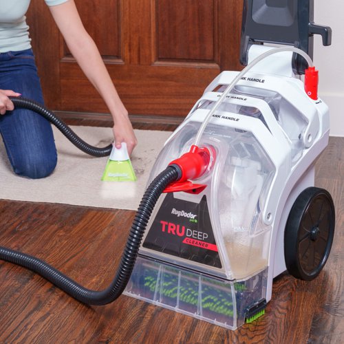 8RD1093171 | Don’t settle for surface only cleaning. Introducing Rug Doctor Pet TruDeep Cleaner™, a professional-grade machine, built for you to achieve a superior TruDeep clean™.With 30% more suction power*, the TruDeep Cleaner™ removes dirt and water down to the carpet backing resulting in enhanced drying time. The TruDeep Carpet Cleaner is engineered with dual brush cross-action technology. A patented vibrating brush scrubs each fibre individually from every angle and a rolling brush cleans and grooms the carpet all in one cleaning pass for superior, professional deep cleaning results. A super boost spray setting delivers an extra “boost” for cleaning heavily soiled or high traffic areas.Included with the TruDeep Cleaner™ is the Pet Upholstery Tool. The Pet Upholstery Tool adds versatility to your carpet cleaner. Simply attach to your machine to trap pet hair and remove stains and odours from your carpet, upholstery, couch, stairs, mattress, car seat, pet bed and more.Tested by the Carpet & Rug Institute using NASA technology and given a platinum rating for soil removal, water removal and texture retention, the TruDeep Cleaner™ removes more dirt and water than comparable machines without voiding your carpet warranty.The TruDeep Carpet Cleaner features an ergonomic handled designed with your comfort in mind. The handle is also collapsible for convenient and compact storage.The clean water tank cap doubles as a built in solution measuring cup allowing for easy measuring and set-up. The two-tank system keeps clean water and formula separate from dirty water and debris. Both tanks are designed for easy removal and emptying to make clean up a breeze.When paired with our scientifically-formulated cleaning solutions, the TruDeep Cleaner™ cleans, deodorizes and protects your carpet deep down resulting in a TruDeep clean™.Suitable for domestic use only.