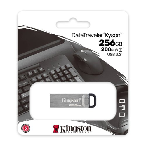 8KIDTKN256GB | Kingston’s DataTraveler® Kyson is a high-performance Type-A USB flash drive with extremely fast transfer speeds of up to 200MB/s Read and 60MB/s Write, allowing quick and convenient file transfers. With up to 256GB  of storage, you can store and share photos, videos, music and other content on the go. The capless metal design will save you the trouble of losing a cap, and the functional loop makes it easy to be taken wherever you go.