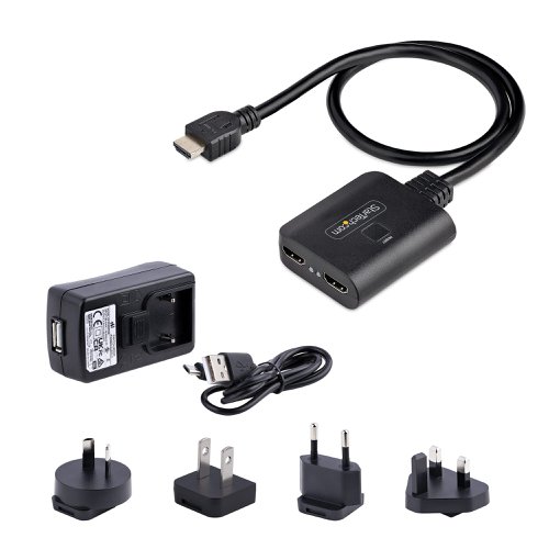 This 2-port HDMI splitter displays the same image from an HDMI video source onto two HDMI displays, with support for UHD 4K resolutions, HDR (High Dynamic Range), HDCP content, and 7.1 channel audio.