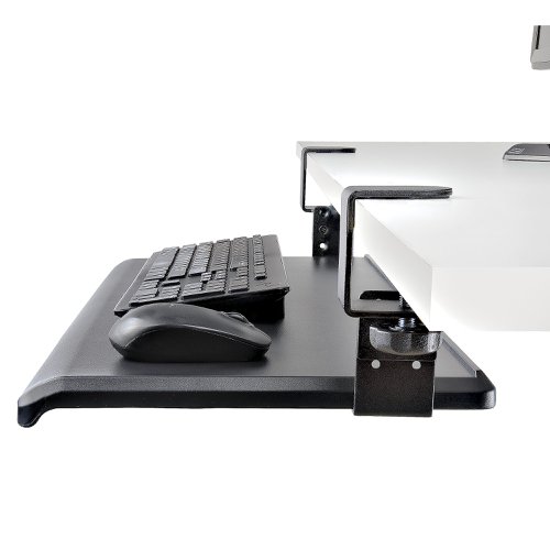 8ST10376899 | This under-desk keyboard tray adds convenience and comfort to your setup by reclaiming valuable desk space. The curved edge of the keyboard tray is ergonomically designed for comfort.Spacious and Sturdy DesignThe ample surface of the keyboard tray, measuring 27.6 x 12.2 in (700 x 310 mm), provides enough room for a full-size keyboard, mouse, and wrist rest. In addition, the tray has a weight capacity of 26.5 lb (12 kg) which establishes a steady platform for typing and can extend up to 8.5 in (216 mm) from the edge of the desk.Simple to Use and InstallThe keyboard tray has rails that enable it to slide in and out from under the desk effortlessly. Once assembled, the desk clamps are installed by hand and support desks with a thickness up to 2.3 in (58.4 mm). The anti-slip pads provide a firm attachment to the desk while protecting the surface of the desk. Adjust the height of the tray to one of the three available settings: 3.9, 4.7, or 5.5 in (100, 120, or 140 mm, respectively). One of the three settings will ensure proper clearance between you and the tray while providing the ideal height for an ergonomic workspace. The desk clamps occupy minimal desk surface space, only 1.8 x 2.5 in (47 x 64 mm) per clamp.The KEYBOARD-TRAY-CLAMP1 is backed for 2-years by StarTech.com, including free lifetime 24/5 multi-lingual technical assistance.