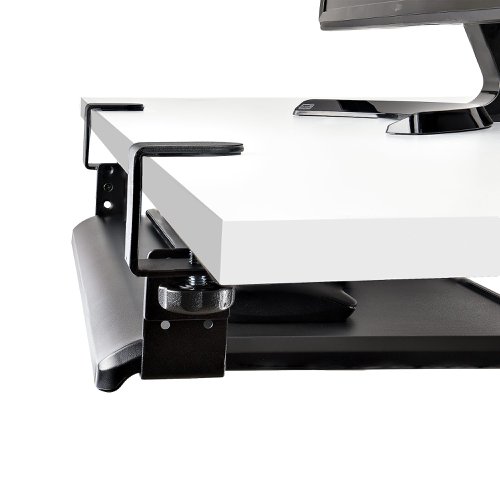 8ST10376899 | This under-desk keyboard tray adds convenience and comfort to your setup by reclaiming valuable desk space. The curved edge of the keyboard tray is ergonomically designed for comfort.Spacious and Sturdy DesignThe ample surface of the keyboard tray, measuring 27.6 x 12.2 in (700 x 310 mm), provides enough room for a full-size keyboard, mouse, and wrist rest. In addition, the tray has a weight capacity of 26.5 lb (12 kg) which establishes a steady platform for typing and can extend up to 8.5 in (216 mm) from the edge of the desk.Simple to Use and InstallThe keyboard tray has rails that enable it to slide in and out from under the desk effortlessly. Once assembled, the desk clamps are installed by hand and support desks with a thickness up to 2.3 in (58.4 mm). The anti-slip pads provide a firm attachment to the desk while protecting the surface of the desk. Adjust the height of the tray to one of the three available settings: 3.9, 4.7, or 5.5 in (100, 120, or 140 mm, respectively). One of the three settings will ensure proper clearance between you and the tray while providing the ideal height for an ergonomic workspace. The desk clamps occupy minimal desk surface space, only 1.8 x 2.5 in (47 x 64 mm) per clamp.The KEYBOARD-TRAY-CLAMP1 is backed for 2-years by StarTech.com, including free lifetime 24/5 multi-lingual technical assistance.