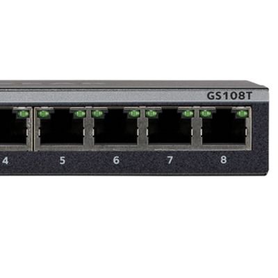 8NE10279587 | The GS108T 8-port Gigabit Smart switch provides great value, with configurable L2 network features like VLANs and PoE operation scheduling, allowing SMB customers to deploy PoE-based VoIP phones and IP surveillance. Advanced features such as Layer 3 static routing, IPv6 management, ACL, DiffServ QoS, LACP link aggregation and Spanning Tree will satisfy even the most advanced small business networks. 