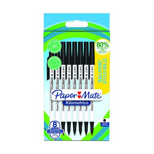 Paper Mate Kilometrico Ballpoint Pen Medium Point 1.0mm Black 80% recycled Plastic (Pack 8) - 2187678