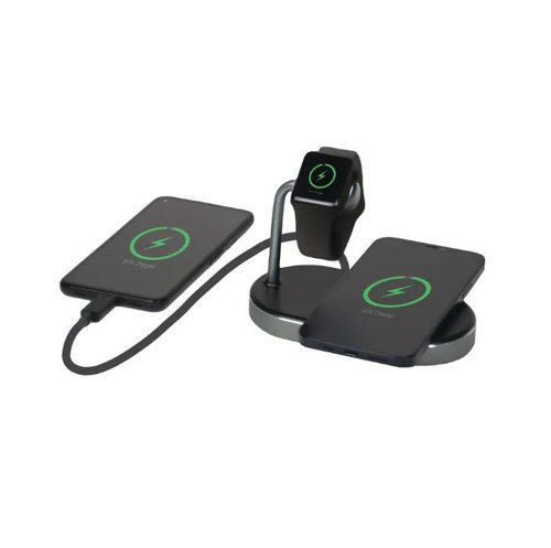 Wirelessly charge your Apple Watch, iPhone (8 or later) or other Qi-certified wireless charging enabled device, and a third device by cable via the Quick Charge 3.0 USB-A port. The charging station is engineered to charge devices as fast as possible, although the actual charging speed is dependent on the device. Apple watches charge at 5W while other devices can charge at up to 15W. With over-current, over voltage protection, the charger can prevent over-charging your devices' battery. Get all your devices charged at the same time with the Verbatim 3-in-1 charging station.