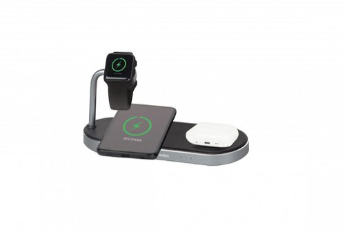 Wirelessly charge your Apple Watch and two iPhones (8 or later) or other Qi certified wireless charging enabled devices. The charging station is engineered to charge devices as fast as possible, although the actual charging speed is dependent on the device. Apple watches charge at 5W while other devices can charge at up to 15W. No messy cables, just place each device on its designated space and charging begins on contact. With over-current, over voltage protection, the charger can prevent over-charging your devices' battery. Get all your devices charged at the same time with the Verbatim 3-in-1 charging station.