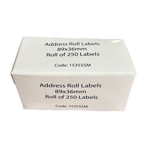 15355SM | 89x36mm Address labels on a roll, perforated between each label for easy tear off and housed in a convenient dispenser box. 250 labels per roll, bright white labels with permanent adhesive, perfect for handwriting or can be used in typewriters.