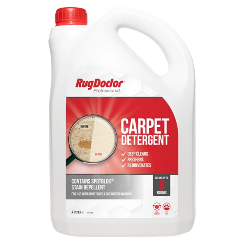 8RU70018 | Rug Doctor Carpet Detergent offers excellent value with its concentrated formula; suitable for deep cleaning, removing dirt, allergens, and stains. The added SpotBlok® formulation provides exceptional carpet protection and safeguards against spills and stains while preserving the carpets’ pristine appearance and longevity.SpotBlok® is Rug Doctor’s highly effective anti-stain formula specifically designed to provide exceptional carpet protection, ensuring your carpets stay clean and fresh for extended periods. This remarkable product works tirelessly to safeguard your carpets, creating a powerful barrier against accidental spills and stubborn stains long after the cleaning process is complete. With SpotBlok®, you can have peace of mind knowing that your carpets are shielded against everyday mishaps, maintaining their pristine appearance and preserving their longevity.Rug Doctor Carpet Detergent provides great value for money. Our highly concentrated mix provides up to twice the carpet cleaning coverage of competing brands. Bring fresh life to your worn and tired-looking carpets; you’ll be amazed at how good they’ll appear! Vacuuming simply removes surface filth from your carpet, however Rug Doctor’s Carpet Detergent cleans deep into the pile. It will eliminate anything from food trash and dead skin cells to dust mite droppings and allergies like pollen.