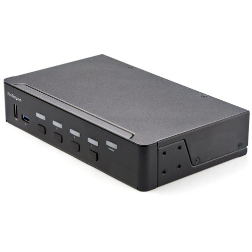 This 4 port KVM switch combines 4K (60Hz) digital display capabilities with control of our connected computers.The HDMI KVM switch supports resolutions up to 4K at 60Hz. It drives one large monitor at the full 4K resolution.Includes EDID and HDCP signal emulation so monitors always remain synced for faster switching times, and desktop settings are maintained to avoid disrupting your workflow.With support for digital audio (with supporting displays and sources) and separate 3.5 mm stereo audio, the HDMI 2.0 KVM switch delivers full audio compatibility.The integrated USB 3.0 hub shares two peripherals (in addition to keyboard and mouse) among attached computers as if they were directly connected to your host computer, eliminating the cost of duplicate devices such as printers and scanners.While supporting Windows, this HDMI KVM switch is also compatible with Mac and Linux operating systems.The front-panel pushbuttons make it easy to switch between systems and activate the auto-scan feature. The hotkey functionality makes accessing each system quickly, while a buzzer sound confirms the switch.StarTech.com offers a wide selection of high-quality KVM switches and KVM-related products to help you access your systems more efficiently without the expense and clutter of extra keyboards, mice, and monitors.