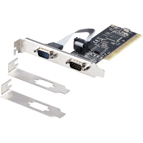 8ST10349695 | This multiport PCI RS232 serial adapter card lets you add two RS232 (DB9) serial ports to your computer through a PCI slot, as if they were native serial ports. The dual port PCI serial card enables you to interact with serial devices, such as card readers, printers, PIN pads, and modems, at speeds of up to 115.2Kbps.With broad OS support, including for Windows (7 and up), and Linux (2.6.x to 5.x LTS versions only), this 2 port PCI serial card is easy to integrate into mixed environments. The card comes pre-configured with a full-profile bracket, and includes optional low-profile brackets, so installation is easy regardless of the case form factor. This card is a direct replacement for PCI2S550_LP and PCI2S550